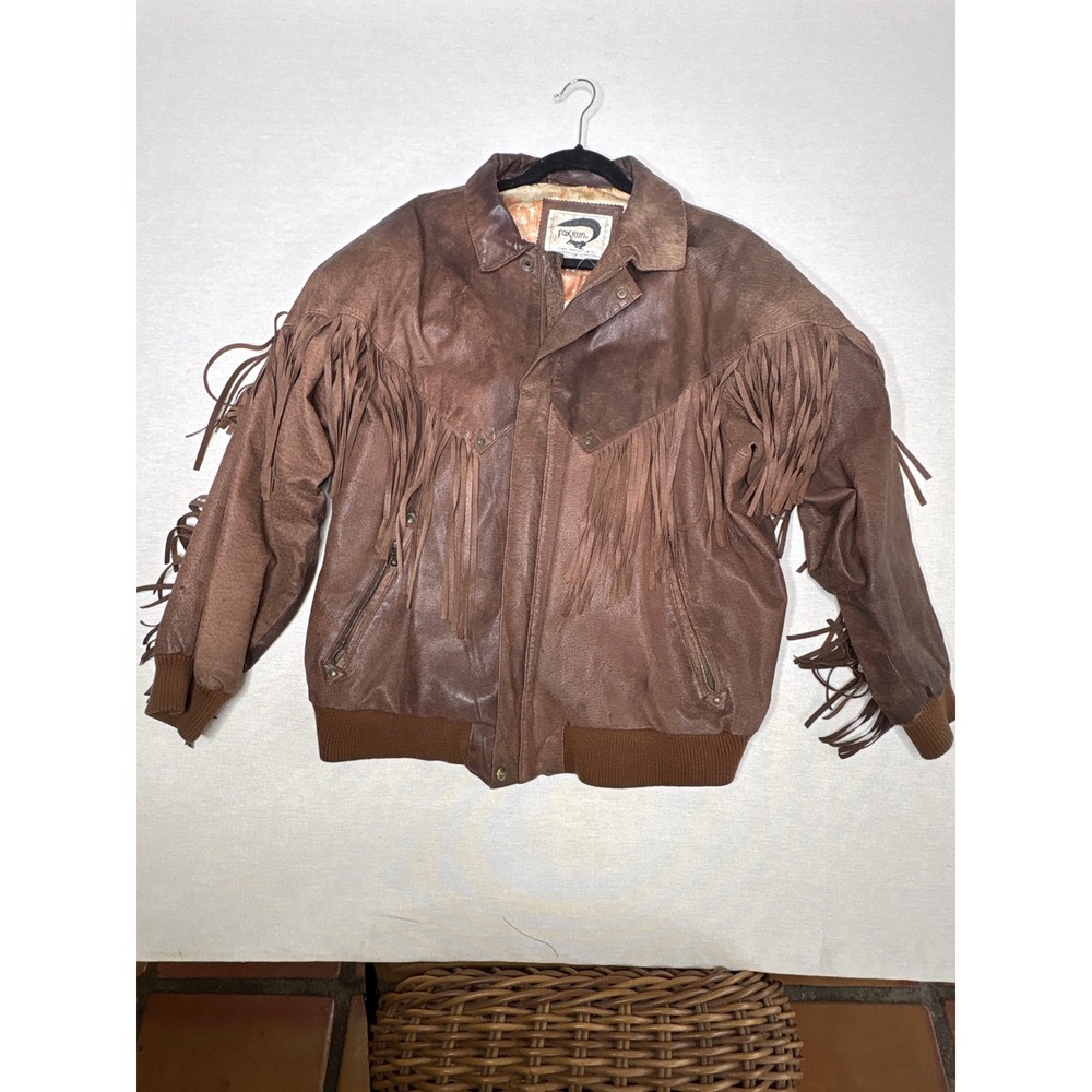 Vintage Fox Run Brown Leather Fringe Western Bomber Jacket Women Large